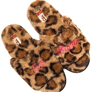 Dearfoams "Fur Mama" Fuzzy Leopard Cheetah Print Slippers Med 7/8 NWOT